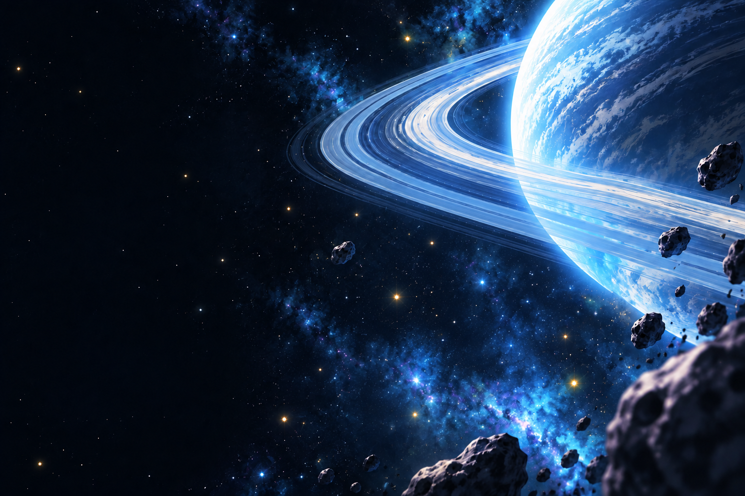 青く輝く惑星と大きな環が浮かぶ宇宙