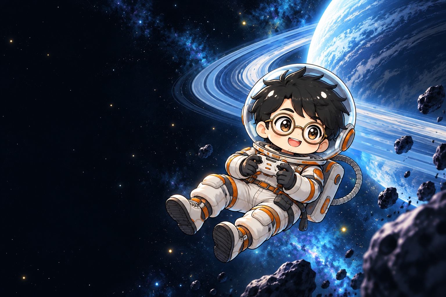 宇宙服を着てコントローラーを持つかい
