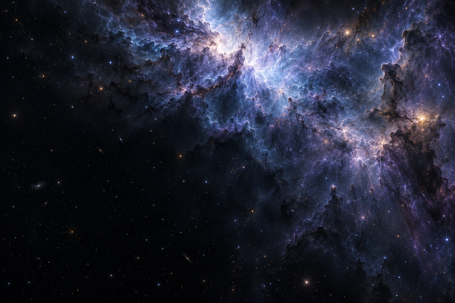 青紫と真珠色の光が、繊細な星雲の奥に広がる想像の宇宙